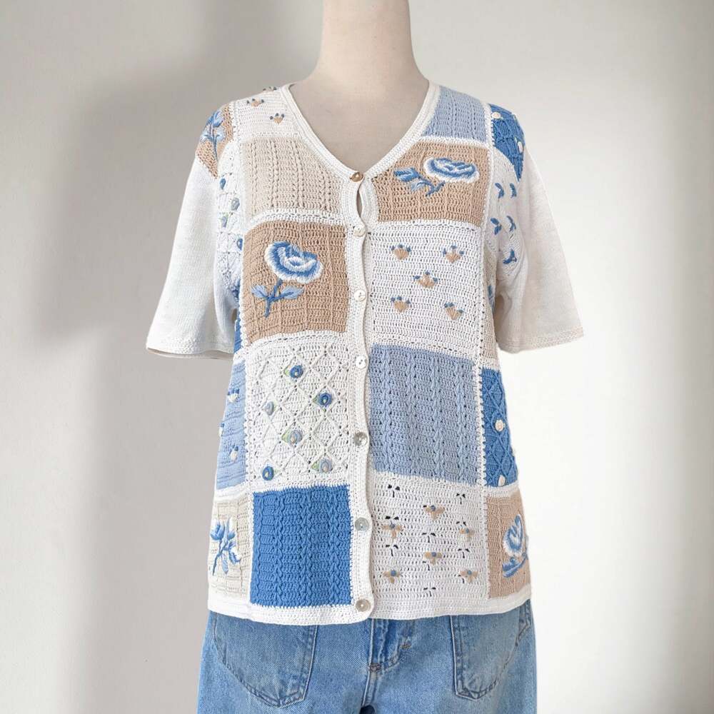 Vintage 90s Crochet Patchwork Embroidered Cardigan Sweater Cottagecore Size S